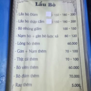 Thực đơn- Quán Ăn Lẩu Bò Đùm Hưng Lợi