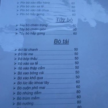 Thực đơn- Quán Ăn Lẩu Bò Khu Nhà Cháy