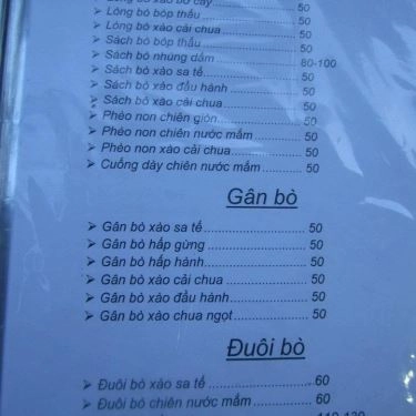 Thực đơn- Quán Ăn Lẩu Bò Khu Nhà Cháy