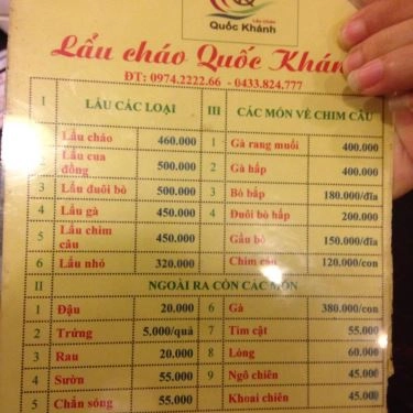 Thực đơn- Quán Ăn Lẩu Cháo Quốc Khánh