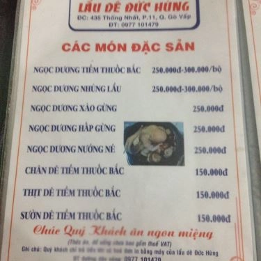 Thực đơn- Quán Ăn Lẩu Dê Đức Hùng - Thống Nhất