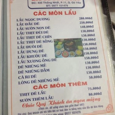 Thực đơn- Quán Ăn Lẩu Dê Đức Hùng - Thống Nhất
