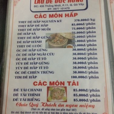 Thực đơn- Quán Ăn Lẩu Dê Đức Hùng - Thống Nhất