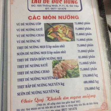 Thực đơn- Quán Ăn Lẩu Dê Đức Hùng - Thống Nhất