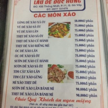 Thực đơn- Quán Ăn Lẩu Dê Đức Hùng - Thống Nhất