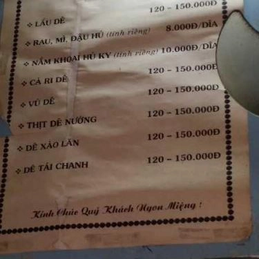 Thực đơn- Quán Ăn Lẩu Dê Quang Ký - Kha Vạn Cân