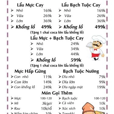 Thực đơn- Quán Ăn Lẩu Mực Cay Khổng Lồ 169k