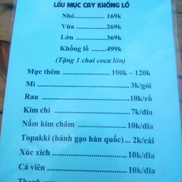 Thực đơn- Quán Ăn Lẩu Mực Cay Khổng Lồ 169k