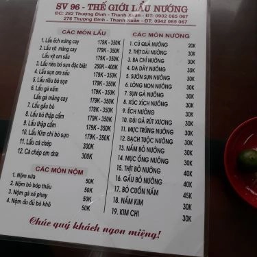 Thực đơn- Quán Ăn Lẩu Nướng SV 96 - Thượng Đình