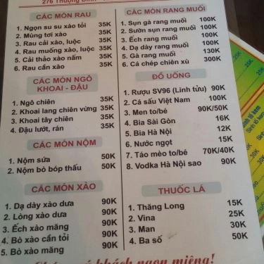 Thực đơn- Quán Ăn Lẩu Nướng SV 96 - Thượng Đình