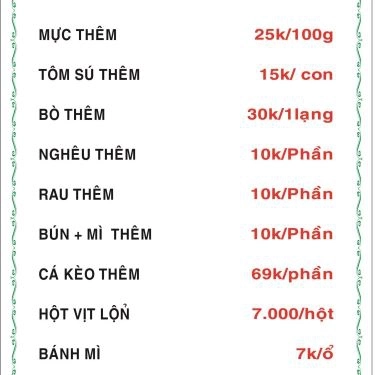 Thực đơn- Quán Ăn Lẩu Xanh Quán - Hải Sản Tươi Sống