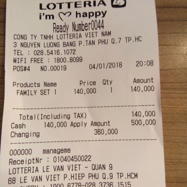 Tổng hợp- Nhà Hàng Lotteria - Lê Văn Việt