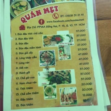 Thực đơn- Quán Ăn Mẹt - Bún Đậu Mắm Tôm - Cách Mạng Tháng 8