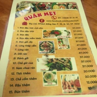 Thực đơn- Quán Ăn Mẹt - Bún Đậu Mắm Tôm - Cách Mạng Tháng 8