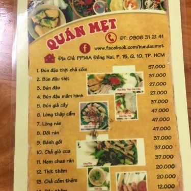 Thực đơn- Quán Ăn Mẹt - Bún Đậu Mắm Tôm - Cách Mạng Tháng 8