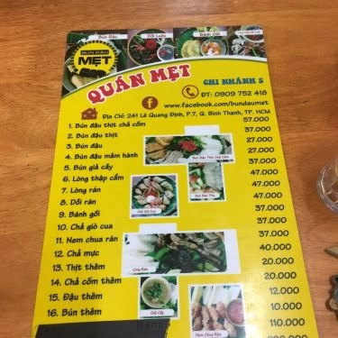 Thực đơn- Quán Ăn Mẹt - Bún Đậu Mắm Tôm - Lê Quang Định