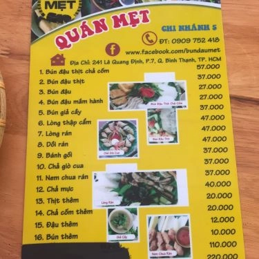 Thực đơn- Quán Ăn Mẹt - Bún Đậu Mắm Tôm - Lê Quang Định
