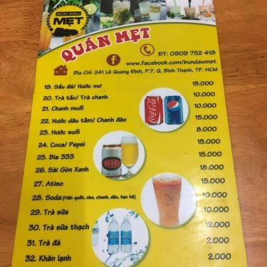 Thực đơn- Quán Ăn Mẹt - Bún Đậu Mắm Tôm - Lê Quang Định