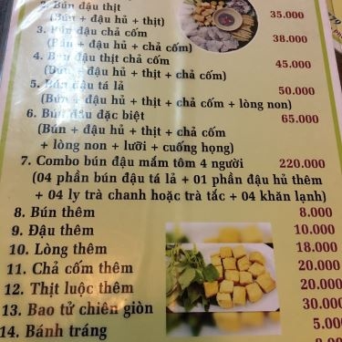 Thực đơn- Quán Ăn Mẹt Tre - Bún Đậu Mắm Tôm - Hoàng Diệu