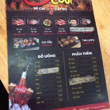 Thực đơn- Quán Ăn Mì Cay Seoul - Nguyễn Xiển