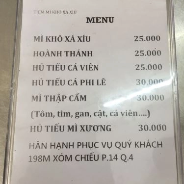 Thực đơn- Quán Ăn Mì Khô Xá Xíu