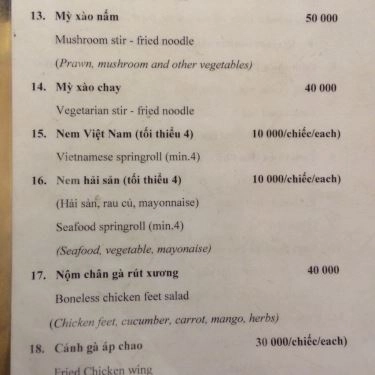 Thực đơn- Quán Ăn Mì Phố - Hàng Bông