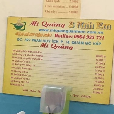 Thực đơn- Quán Ăn Mì Quảng 3 Anh Em - Phan Huy Ích
