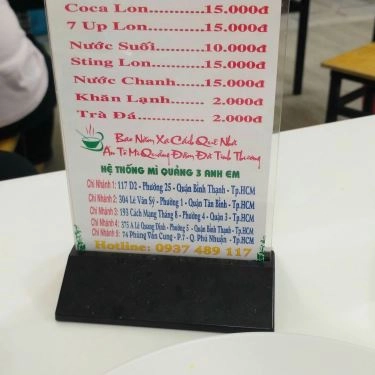 Thực đơn- Quán Ăn Mì Quảng 3 Anh Em - Phùng Văn Cung