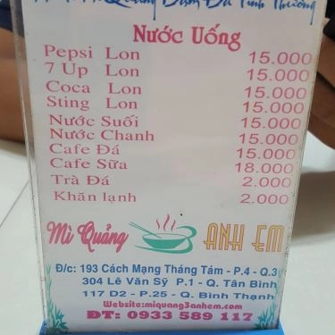 Thực đơn- Quán Ăn Mì Quảng 3 Anh Em - Cách Mạng Tháng 8