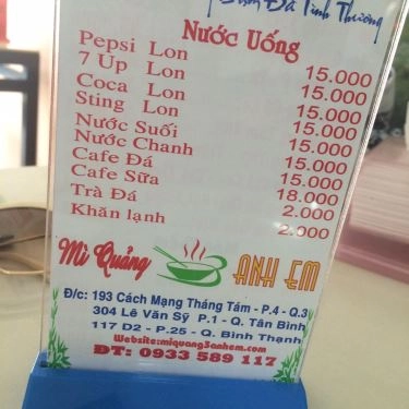 Thực đơn- Quán Ăn Mì Quảng 3 Anh Em - Cách Mạng Tháng 8
