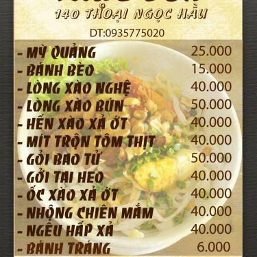 Thực đơn- Quán Ăn Mì Quảng Lan - Thoại Ngọc Hầu