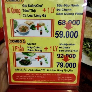 Thực đơn- Quán Ăn Mì Quảng Mỹ Sơn - Kỳ Đồng