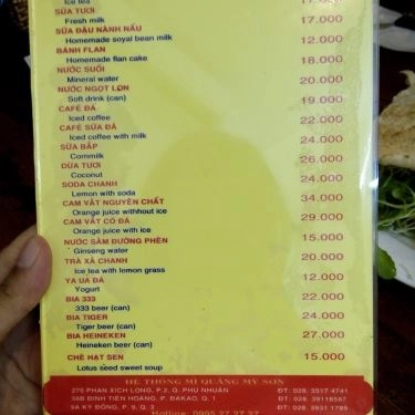Thực đơn- Quán Ăn Mì Quảng Mỹ Sơn - Kỳ Đồng