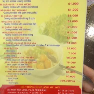 Thực đơn- Quán Ăn Mì Quảng Mỹ Sơn - Kỳ Đồng