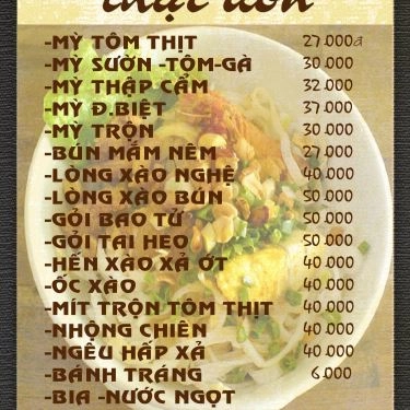 Thực đơn- Quán Ăn Mì Quảng Lan - Thoại Ngọc Hầu