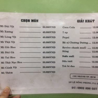 Thực đơn- Quán Ăn Mì Vịt Phan Thiết Bà Phượng - Lê Hồng Phong