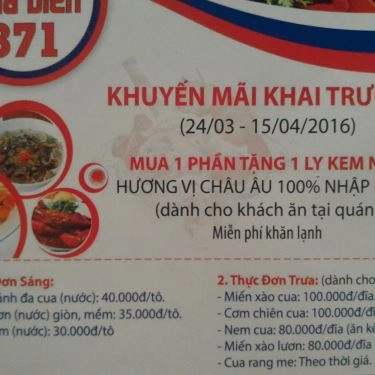 Thực đơn- Quán Ăn Miến Cua Biển & Kem Nga