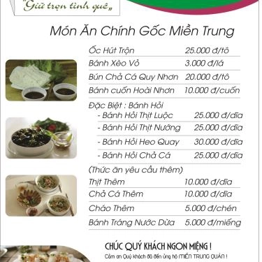 Thực đơn- Quán Ăn Miền Trung Quán - Món Ngon Miền Trung