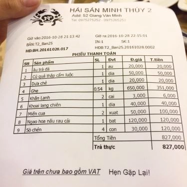 Thực đơn- Nhà Hàng Minh Thúy - Hải Sản Tươi Sống