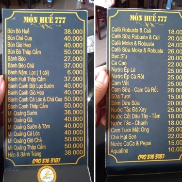 Thực đơn- Quán Ăn Món Huế 777