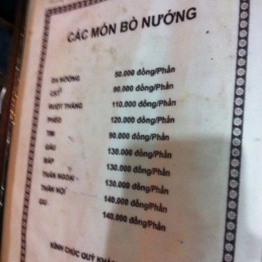 Thực đơn- Quán Ăn Bò Tơ Tây Ninh Năm Sánh - Nguyễn Oanh