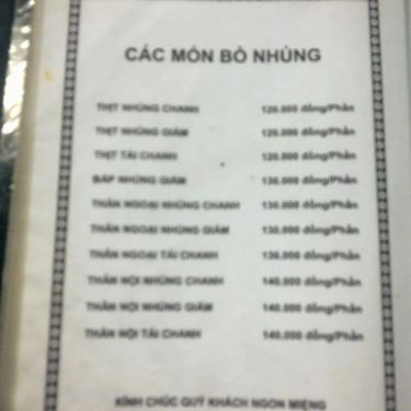 Thực đơn- Quán Ăn Bò Tơ Tây Ninh Năm Sánh - Nguyễn Oanh