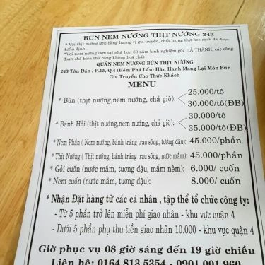 Thực đơn- Quán Ăn Nem Nướng & Bún Thịt Nướng 243 Tôn Đản