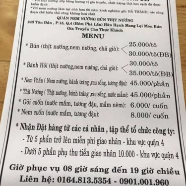 Thực đơn- Quán Ăn Nem Nướng & Bún Thịt Nướng 243 Tôn Đản