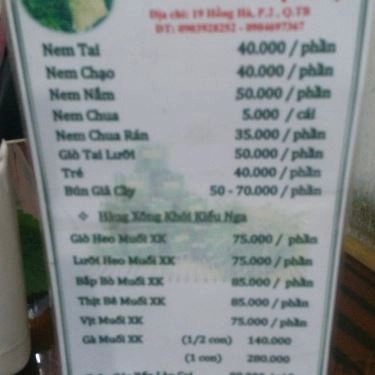 Thực đơn- Quán Ăn Nem Thính Ông Vàng