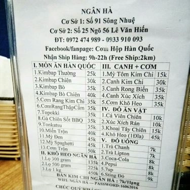 Thực đơn- Quán Ăn Ngân Hà - Ẩm Thực Hàn Quốc