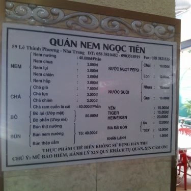 Thực đơn- Quán Ăn Ngọc Tiên - Đặc Sản Nem