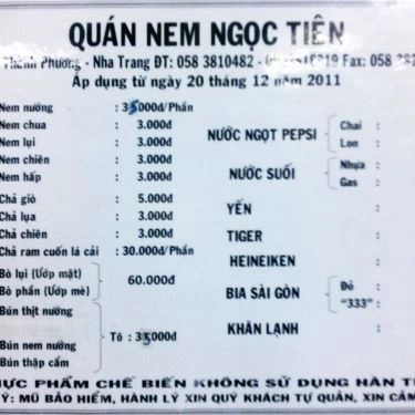Thực đơn- Quán Ăn Ngọc Tiên - Đặc Sản Nem
