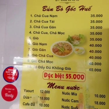 Thực đơn- Quán Ăn Nguyên Phát - Bún Bò Huế