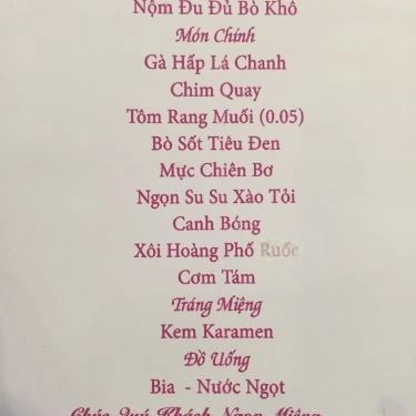 Thực đơn- Nhà Hàng Hoa Lư - Tiệc Cưới & Hội Nghị